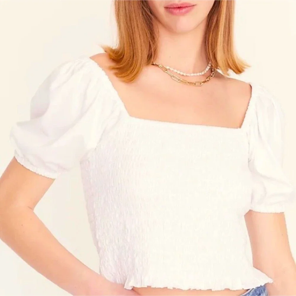 NWT J.CREW Smocked Broken-in Jersey Cropped Top Puff Sleeve Cotton Shirt White M